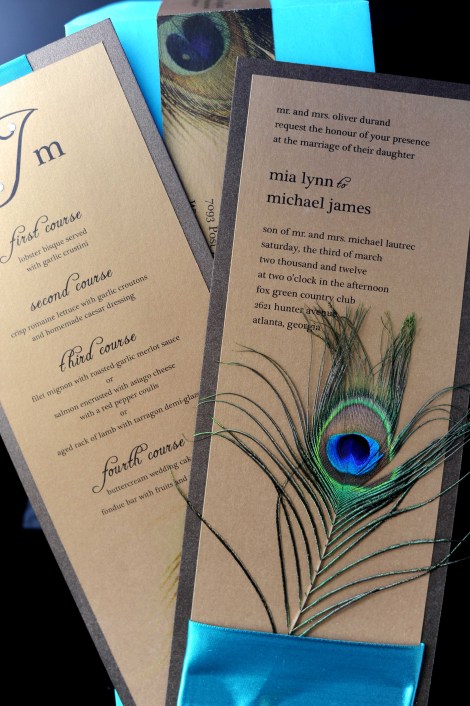 decadent peacock feathers invitation envelope with wrap label and menu
